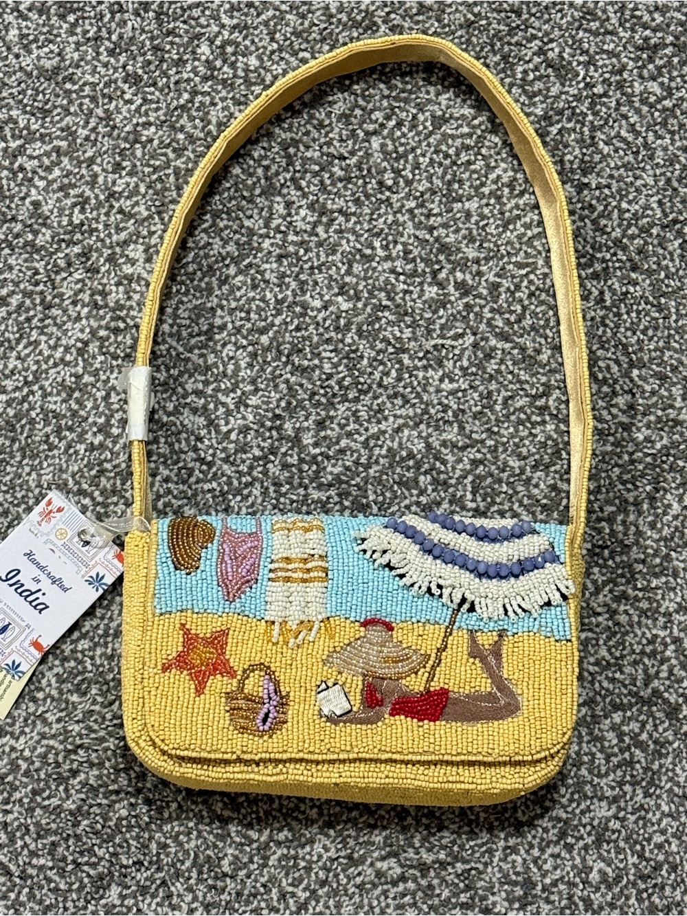 Beaded Beach Scene Themed Shoulder Bag Handcrafted in India - NWT